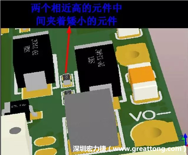 放置器件時要考慮以后的焊接和維修，兩個高度高的元件之間盡量避免放置矮小的元件