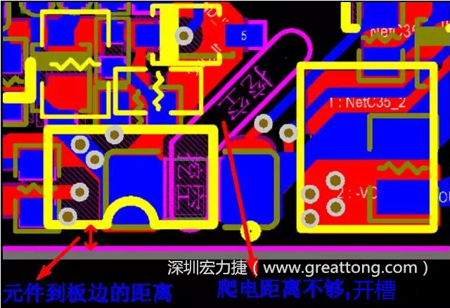 如果碰到模塊PCB空間有限，爬電距離不夠，可以采用開槽的方式