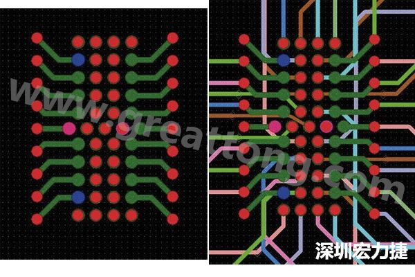 圖7：焊盤內(nèi)過孔用于內(nèi)部，而外部接腳在0.5mm閘格上扇出。圖7a顯示的是頂層(左)；圖7b顯示頂層和內(nèi)部布線層(右)。