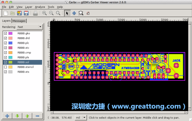 將圖層匯入你的Gerber預(yù)覽工具內(nèi)（下圖為Gerbv），我通常會(huì)從上到下重新排列它們的順序，好讓我比較好校對(duì)：