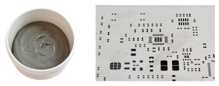 焊膏（左），PCB模板激光切割孔（右）